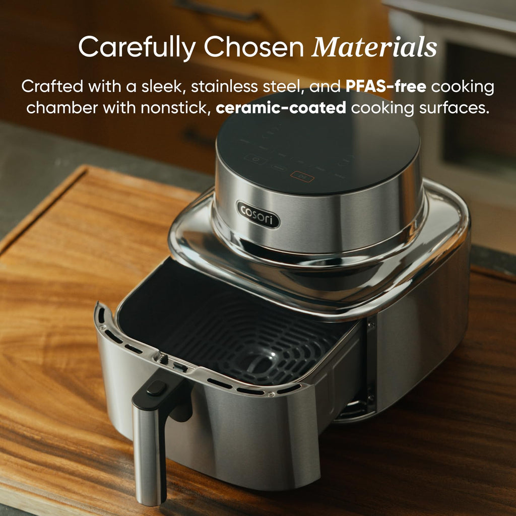 Cosori Iconic Stainless Steel 6.5 Qt Smart Air Fryer, PFAS-Free Ceramic Coating, Max 450°F, Consistent Cooking, Air Fry, Roast, Bake, Dry, Proof, Reheat, Dishwasher-Safe Basket, Chef-Crafted Recipes